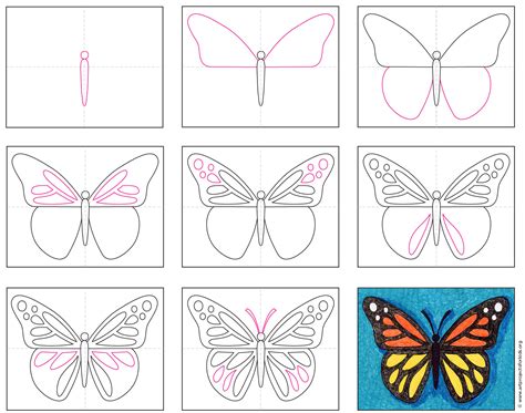 Step 2: Draw the body. Using your pencil of choice, begin sketching the body of the butterfly. Start with a small circle for the head and connect it to an oval-like thorax which should be twice the length of the head. Then, draw a long and thin abdomen that protrudes slightly at the end into a bulbous shape.